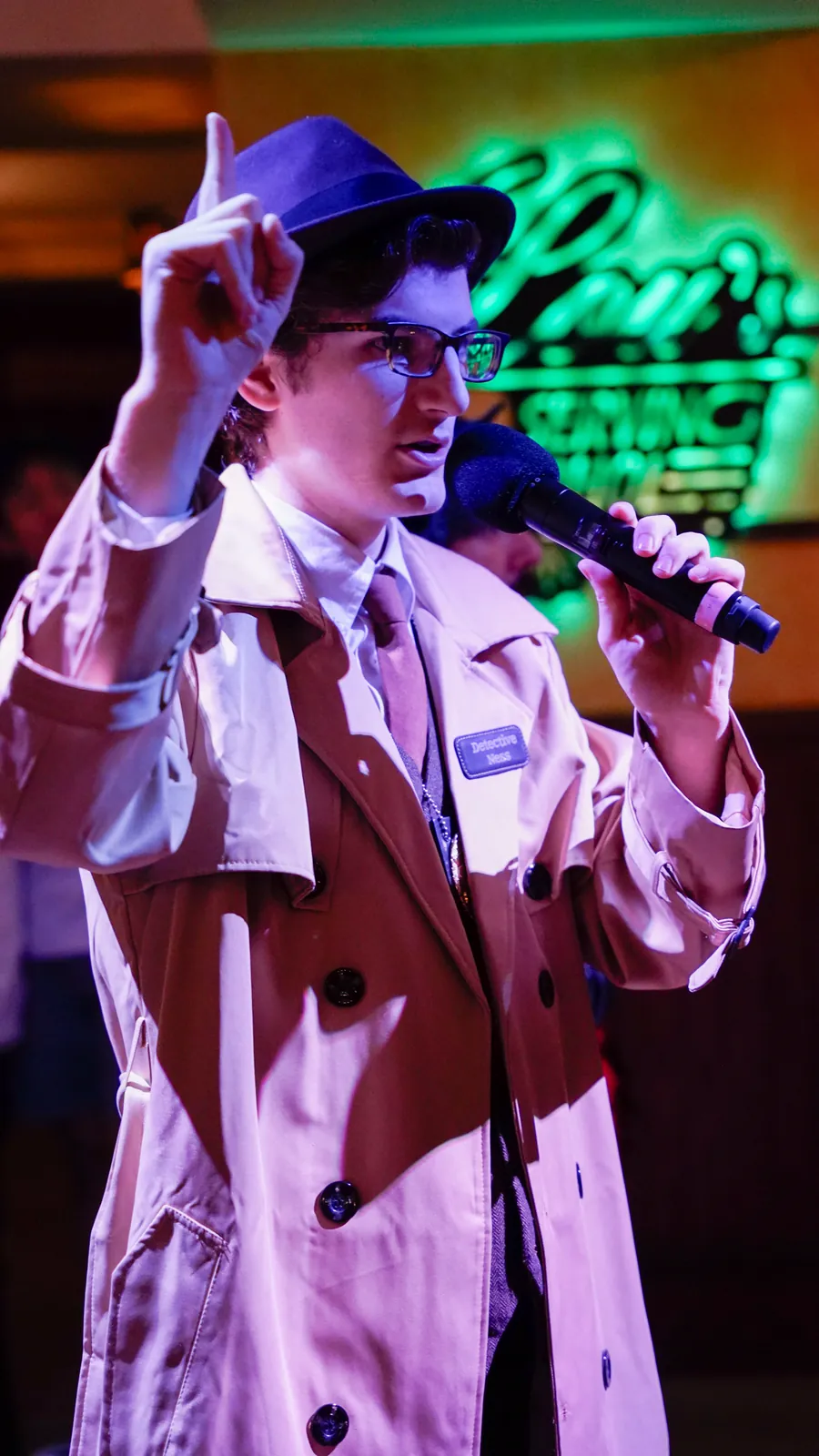 A Murder Mystery Company actor working the room at a Cheyenne show